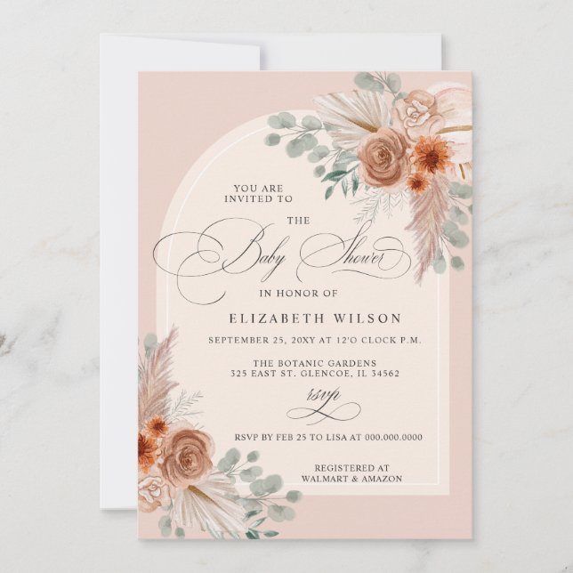 Calligraphy Boho Terracotta Pampas Baby Shower Inbjudningar (Framsida)
