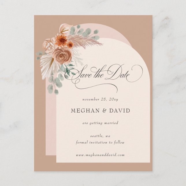 Calligraphy Boho Terracotta Pampas Spara datumet Meddelande Vykort (Framsida)