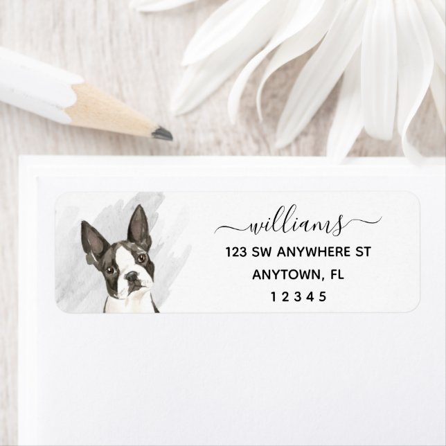 Calligraphy Boston Terrier Returadress Etikett (Insitu)