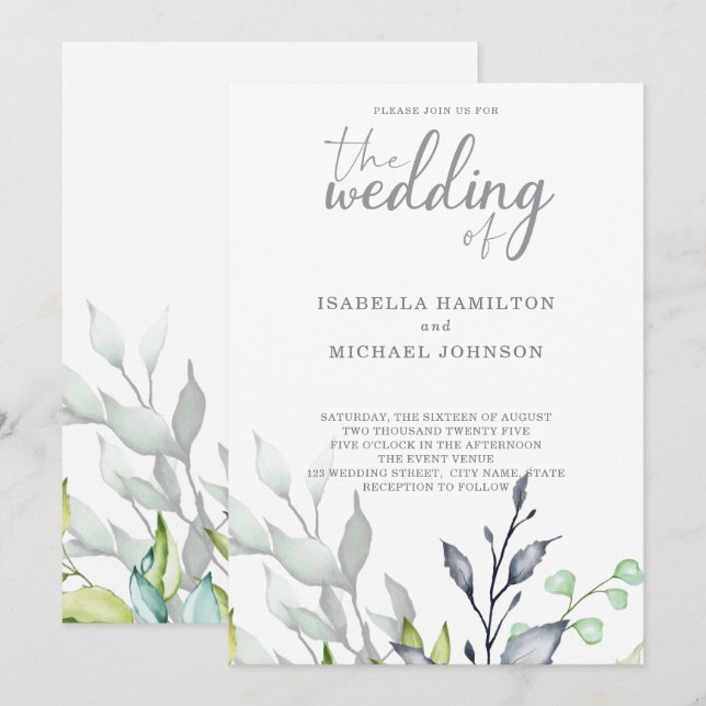 Calligraphy Botanical Bröllop elegant Inbjudningar (Fram/baksida)
