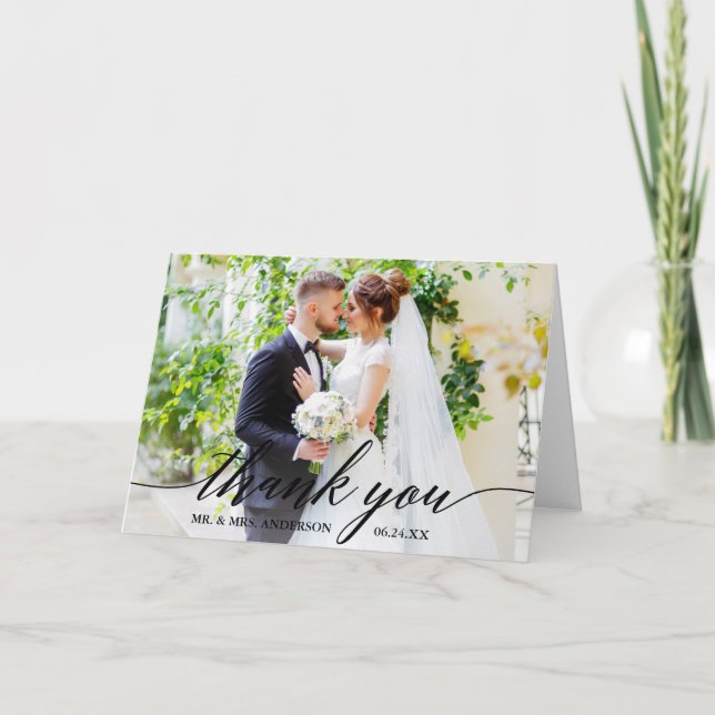 Calligraphy Bröllop Bride Groom Photo B-fet Tack Kort (Framsida)
