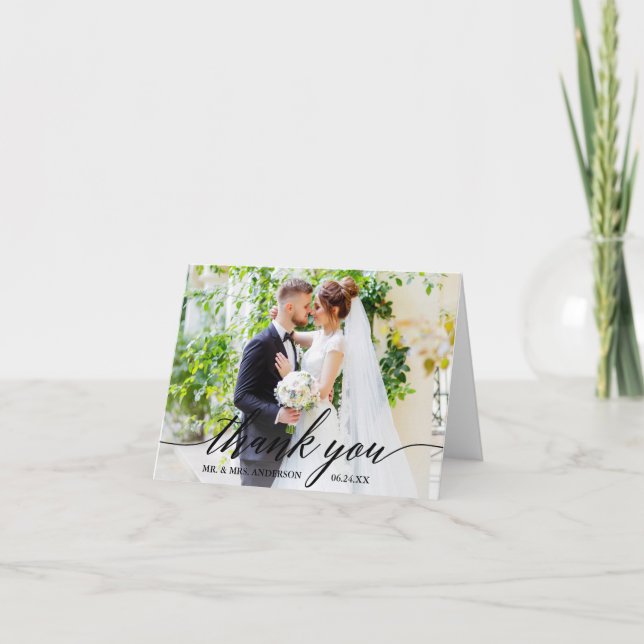 Calligraphy Bröllop Bride Groom Photo B Note Tack Kort (Framsida)