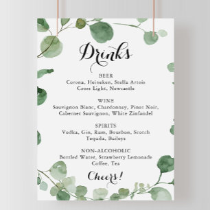 Calligraphy Bröllop Drinks Menu Eucalyptus Sign Poster