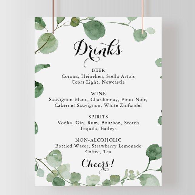 Calligraphy Bröllop Drinks Menu Eucalyptus Sign Poster (Skapare uppladdad)