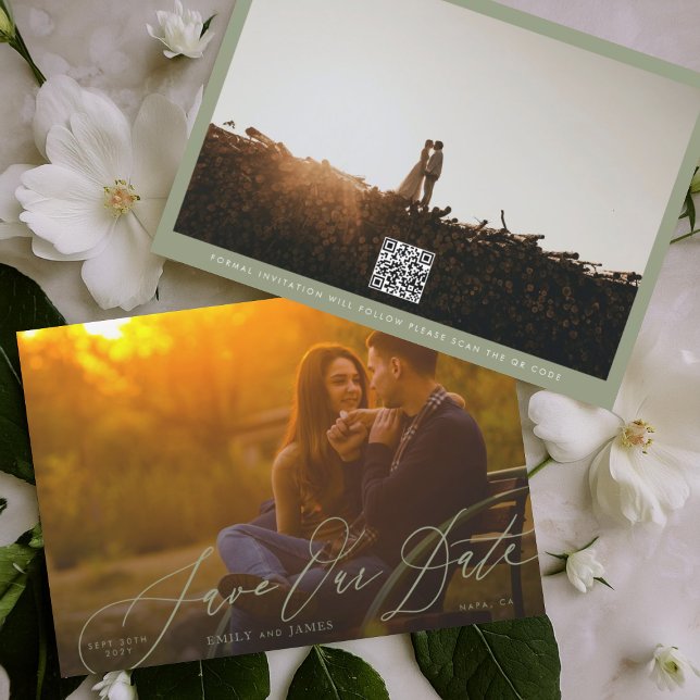 Calligraphy Bröllop Sage Grönt QR-kodfoto Spara Datumet (Skapare uppladdad)