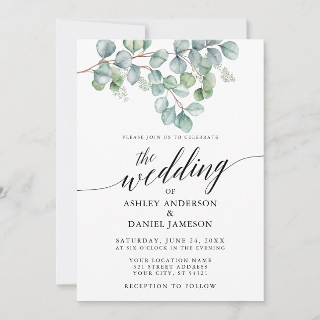 Calligraphy Bröllop Watercolor Eucalyptus Greenery Inbjudningar (Framsida)