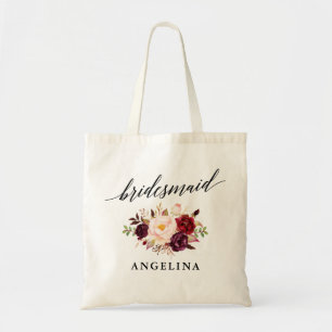 Calligraphy Burgundy Blommigt Bridesmaid Namn Tygkasse