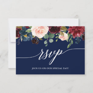 Calligraphy Burgundy Blommigt Bröllop Blue OSA Kort