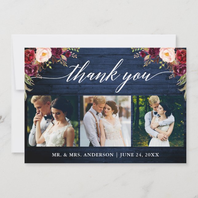 Calligraphy Burgundy Blommigt Bröllop Blue Wood Tack Kort (Framsida)