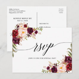 Calligraphy Burgundy Blommigt Bröllop OSA Vykort