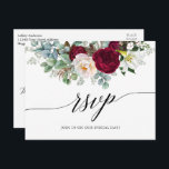 Calligraphy Burgundy Blommigt Bröllop OSA Vykort<br><div class="desc">Modern kalligrafi,  Elegant Watercolor Burgundy Blommigt,  Grey Bröllop OSA Postcard innehåller peonier,  eukalyptus löv och annan vacker grej.</div>