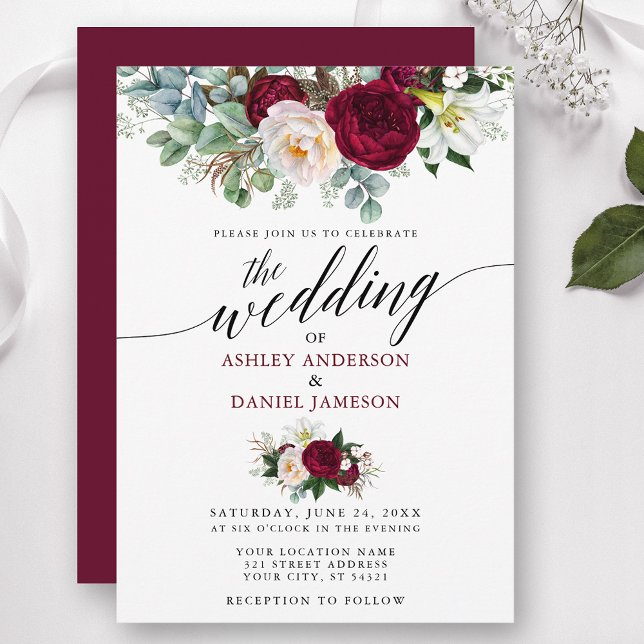 Calligraphy Burgundy Blommigt Greenery Bröllop B Inbjudningar (Customize to change text color, style, add text & photos to back or change color of back of card.)