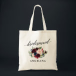 Calligraphy Burgundy Blue Blommigt Bridesmaid Namn Tygkasse<br><div class="desc">Modern Elegant Calligraphy,  Watercolor Burgundy Marsala Blue Rosa Blommigt Bridesmaid Namn Tote Bag</div>