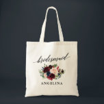 Calligraphy Burgundy Blue Blommigt Bridesmaid Namn Tygkasse<br><div class="desc">Modern Elegant Calligraphy,  Watercolor Burgundy Marsala Blue Rosa Blommigt Bridesmaid Namn Tote Bag</div>