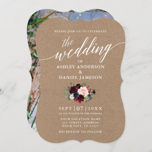 Calligraphy Burgundy Blue Blommigt Kraft Photo Inbjudningar (Fram/baksida)