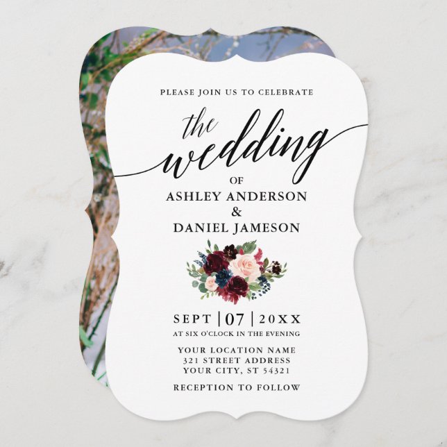 Calligraphy Burgundy Blue Blommigt Photo Bröllop Inbjudningar (Fram/baksida)