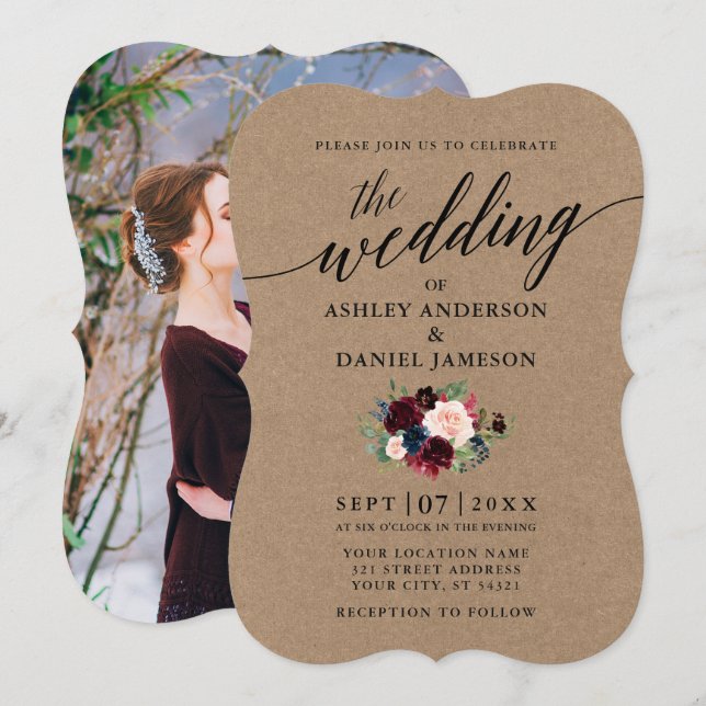 Calligraphy Burgundy Blue Blommigt Photo Kraft Inbjudningar (Fram/baksida)