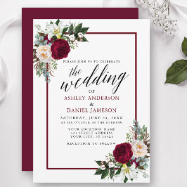 Calligraphy Burgundy Ram Greenery Blommigt Bröllop Inbjudningar