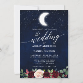 Calligraphy Celestial Bröllop Måne Stars Blommigt Inbjudningar