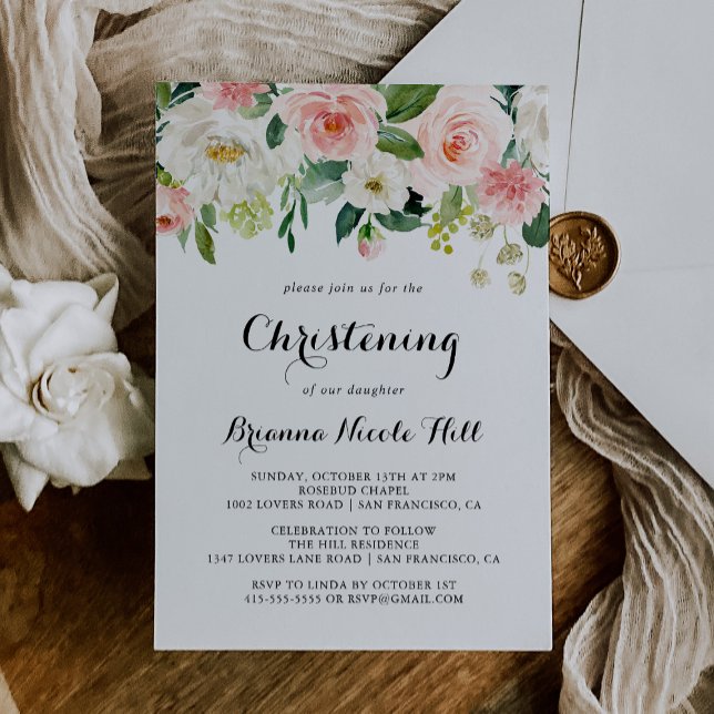 Calligraphy Christening för enkel Grönt av Blommig Inbjudningar (Skapare uppladdad)