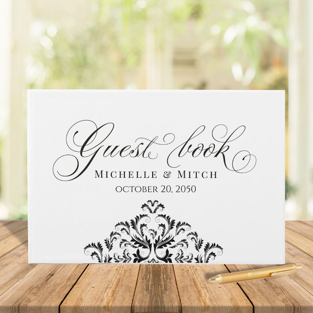 Calligraphy Classic i Svarta och vita Bröllop Gästböcker (Wedding guest book calligraphy script simple black and white)