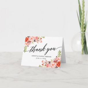 Calligraphy Coral Blommigt Bröllop Note Tack Kort