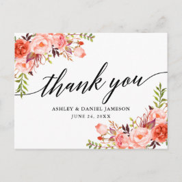 Calligraphy Coral Blommigt Bröllop Tack Vykort
