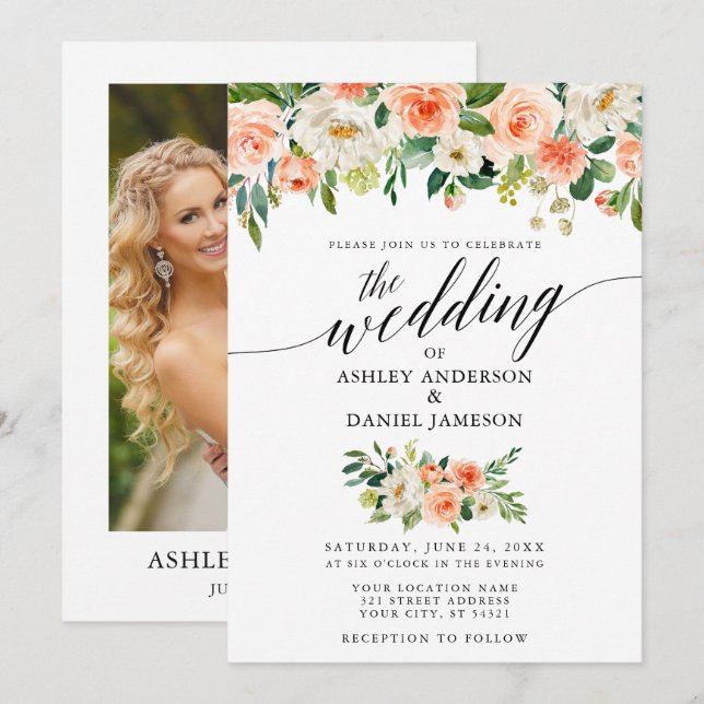 Calligraphy Coral Blommigt Photo Bröllop Inbjudningar (Fram/baksida)