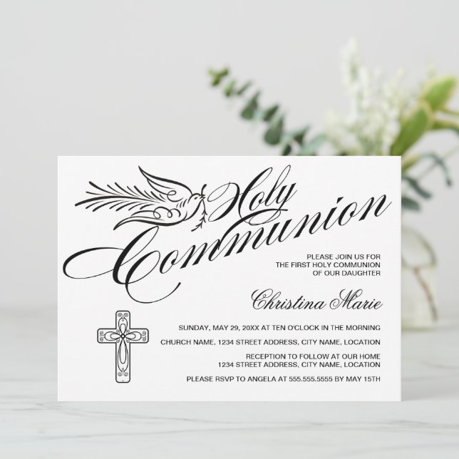 Calligraphy Dove and Kor First Heliga Communion Inbjudningar (Stående Fram)