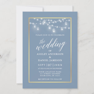 Calligraphy Dusty Blue Burk Ljus Guld Bröllop Inbjudningar
