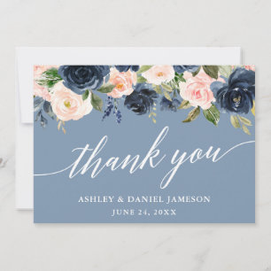 Calligraphy Dusty Blue Rosa Blommigt Bröllop Tack Kort