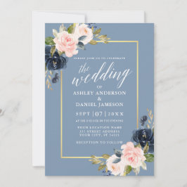 Calligraphy Dusty Blue Rosa Blommigt Guld Ram Inbjudningar