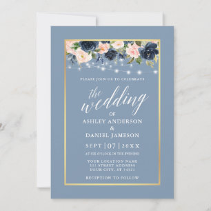 Calligraphy Dusty Blue Rosa Blommigt Ljus Bröllop Inbjudningar
