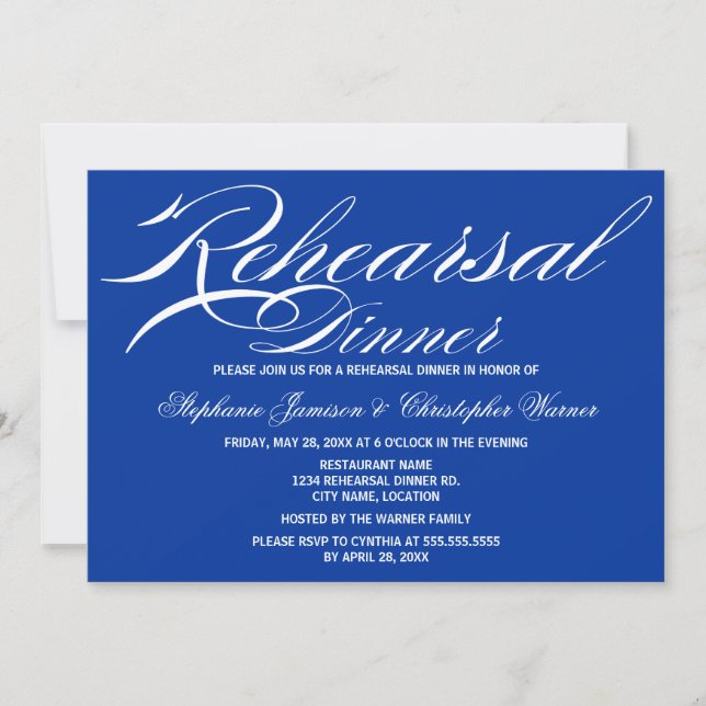 Calligraphy Elegance Royal Blue Rehearsal Dinner Inbjudningar (Framsida)