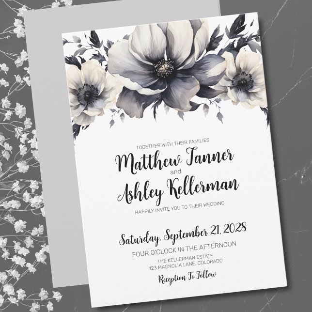 Calligraphy Elegant Black White Blommigt Bröllop Inbjudningar (Trendy Elegant Black White Floral Wedding Invitation)
