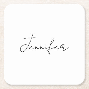 Calligraphy Elegant Black White Plain Simple Namn Underlägg Papper Kvadrat
