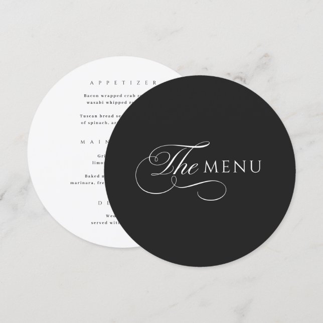 Calligraphy Elegant Circle Black Wedding Menu Meny (Fram/baksida)