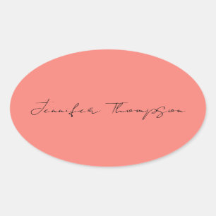 Calligraphy Elegant Coral Rosa Plain Simple Namn Ovalt Klistermärke