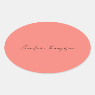 Calligraphy Elegant Coral Rosa Plain Simple Namn Ovalt Klistermärke