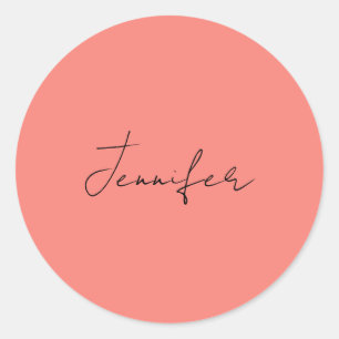 Calligraphy Elegant Coral Rosa Plain Simple Namn Runt Klistermärke