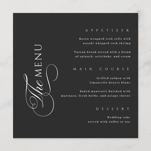 Calligraphy Elegant Square Black Wedding Menu Meny (Framsida)