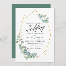 Calligraphy Eucalyptus Greenery Guld Ram Bröllop Inbjudningar