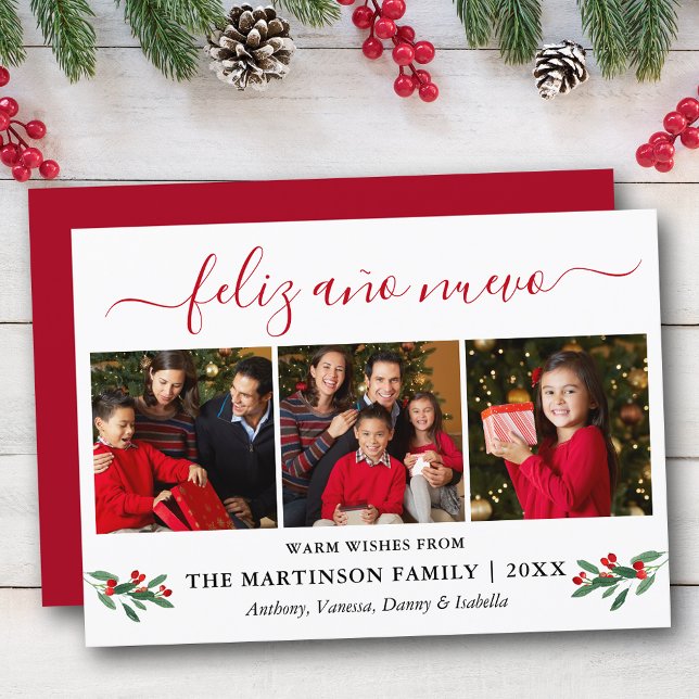 Calligraphy Feliz Ano Nuevo 3 Photo Red Holly Julkort (Customize to add text to back of card.)