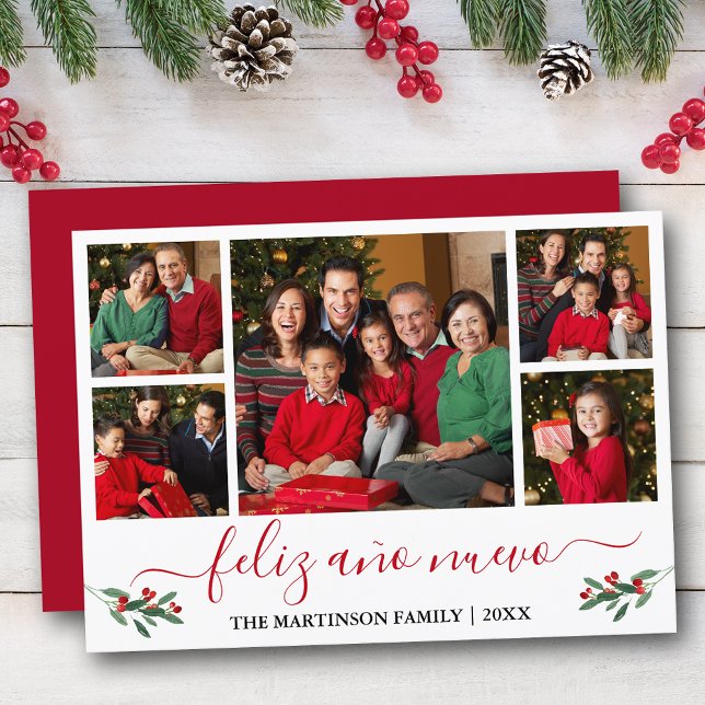 Calligraphy Feliz Ano Nuevo 5 Photo Red Holly Julkort (Customize to add text to back of card.)
