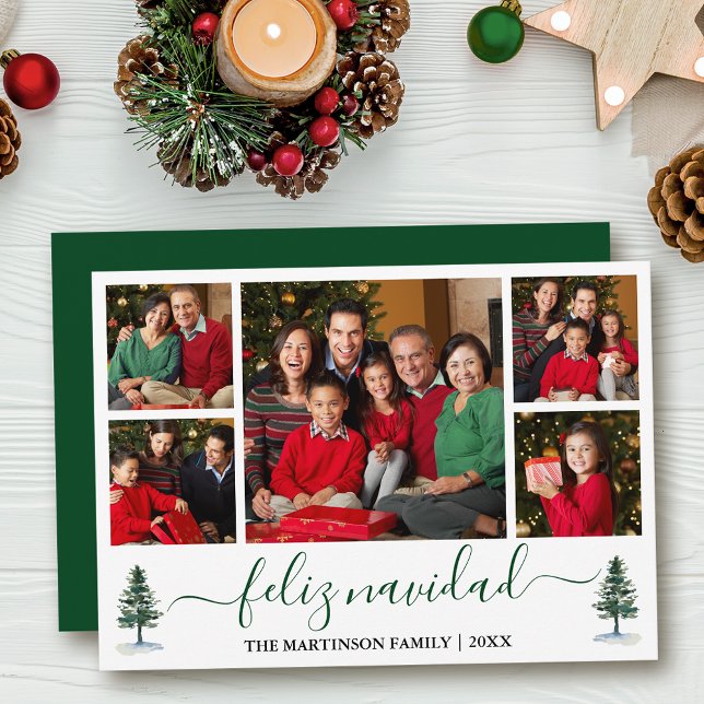 Calligraphy Feliz Navidad 5 Photo Grönt Gräs Träd Julkort (Customize to add text to back of card.)