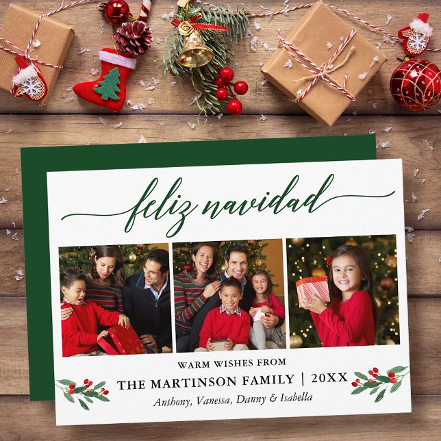 Calligraphy Feliz Navidad Red Holly 3 Photo Green Julkort (Customize to add text to back of card.)