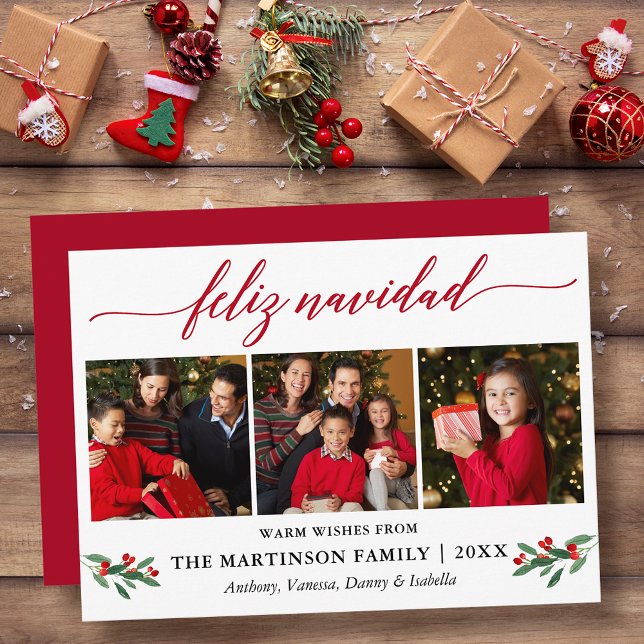 Calligraphy Feliz Navidad Red Holly 3 Photo Julkort (Customize to add text to back of card.)