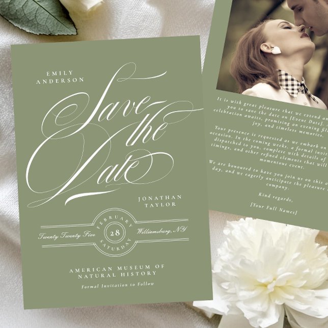 Calligraphy-foto för Grönt av klassiskt svartvitt Spara Datumet (Skapare uppladdad)