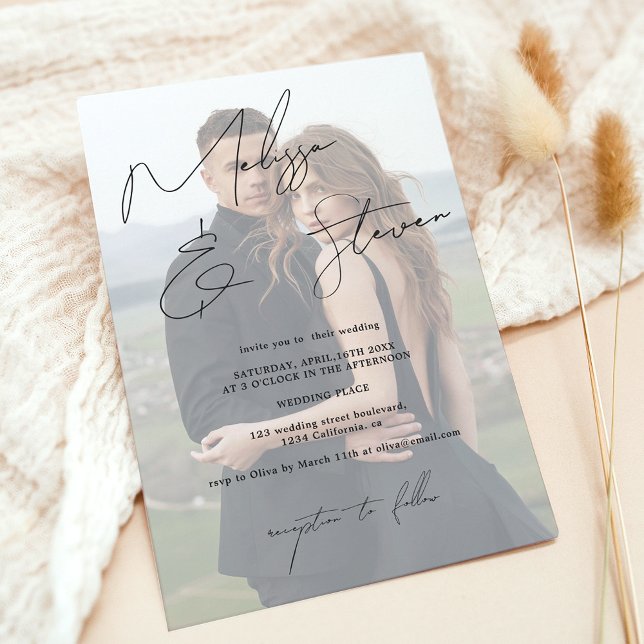 Calligraphy-fotot för skript i chic namn bröllop inbjudningar (Chic names script calligraphy photo wedding invitation black on white)