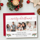 Calligraphy God jul 3 Photo Red Holly Julkort<br><div class="desc">Modern Calligraphy Script 3 Photo Family Photo Collage God jul Card innehåller Watercolor jul Holly Berries - Red Script</div>